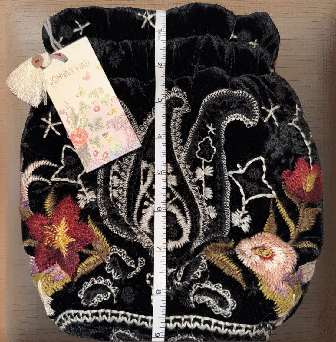 Johnny Was Black Velvet Embroidered Hobo Bag Tote Purse Pink Roses & Paisley Johnny Was