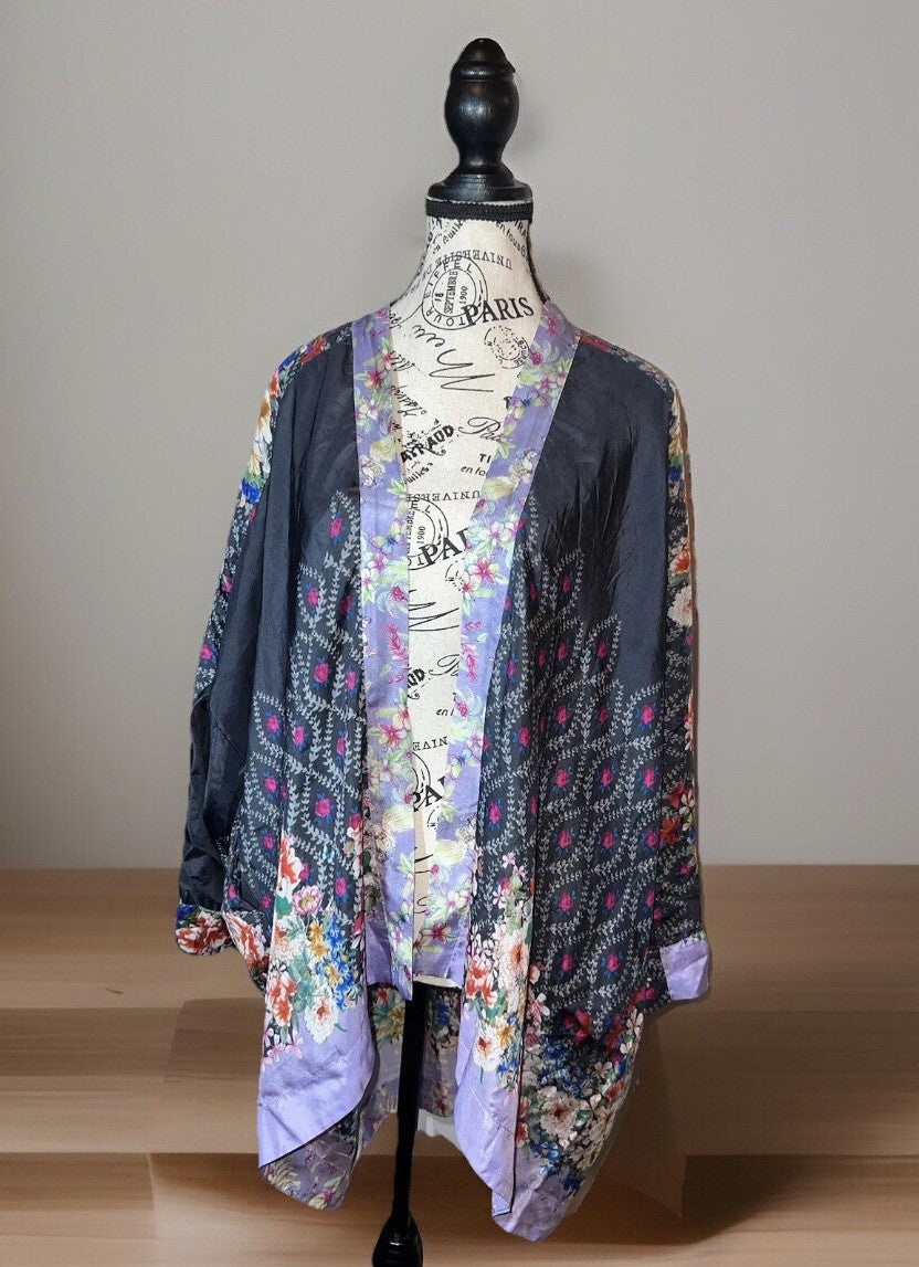 Johnny Was L 100% Silk Kimono Cool Cardigan Lightweight Jacket Lavender & Black Johnny Was