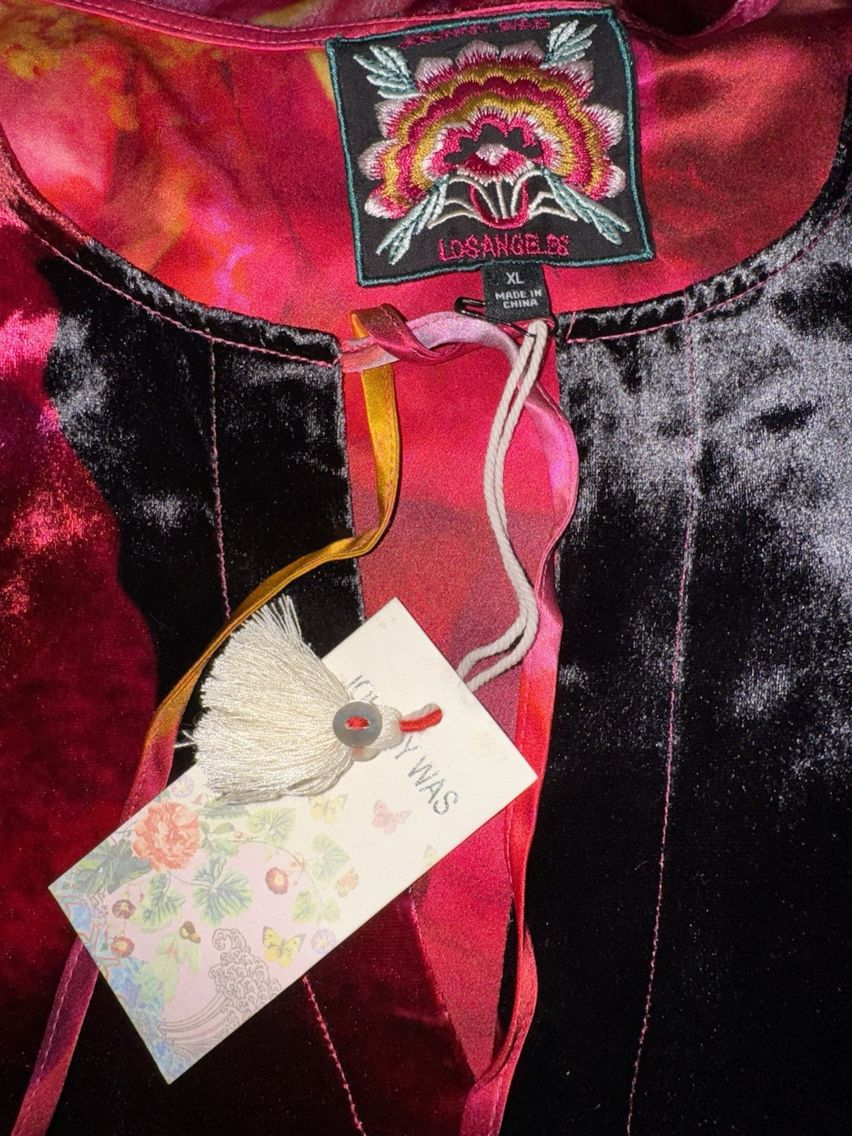 Johnny Was XL Velvet Shift Mini Dress Red Black  & Pink BOHO Floral Bloom Johnny Was