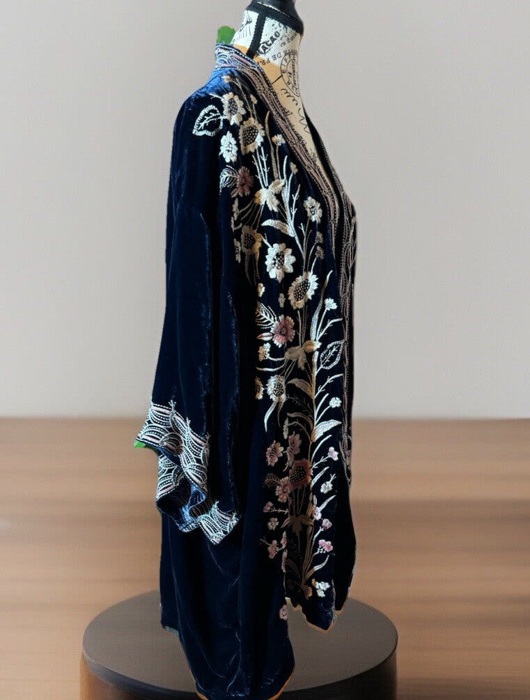 Johnny Was 2X / 3X Blue Velvet Kimono Wrap Jacket Duster BOHO Oversized 30”PTP Johnny Was