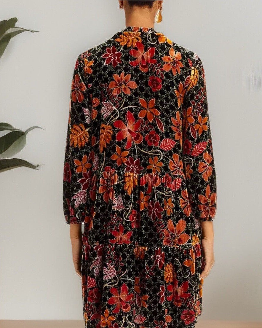 JOHNNY WAS L Velvet Tiered Mini DRESS Babydoll Tunic Top BOHO Beaded Tassels Johnny Was