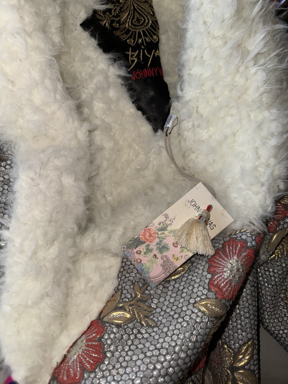 Johnny Was 1X Faux Fur Sherpa Coat Jacket Wrap Shearling Lined Tassles BOHO Johnny Was