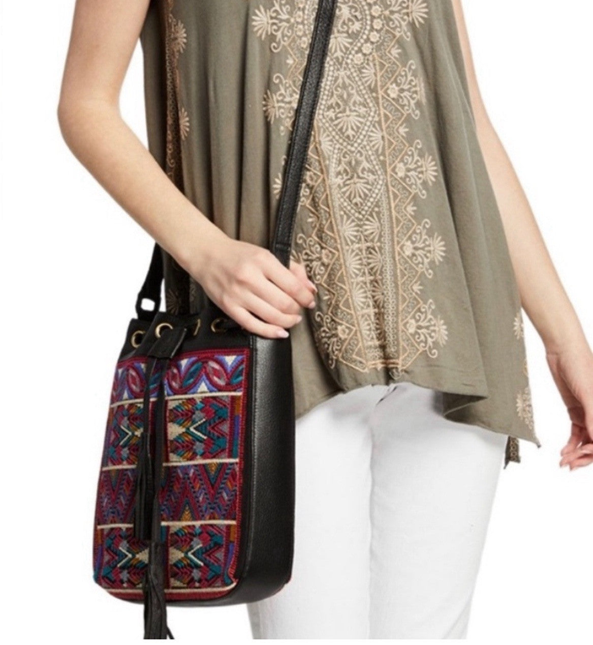 Johnny Was Black Leather Tote Bag Purse Crossbody Beautiful Embroidery Johnny Was