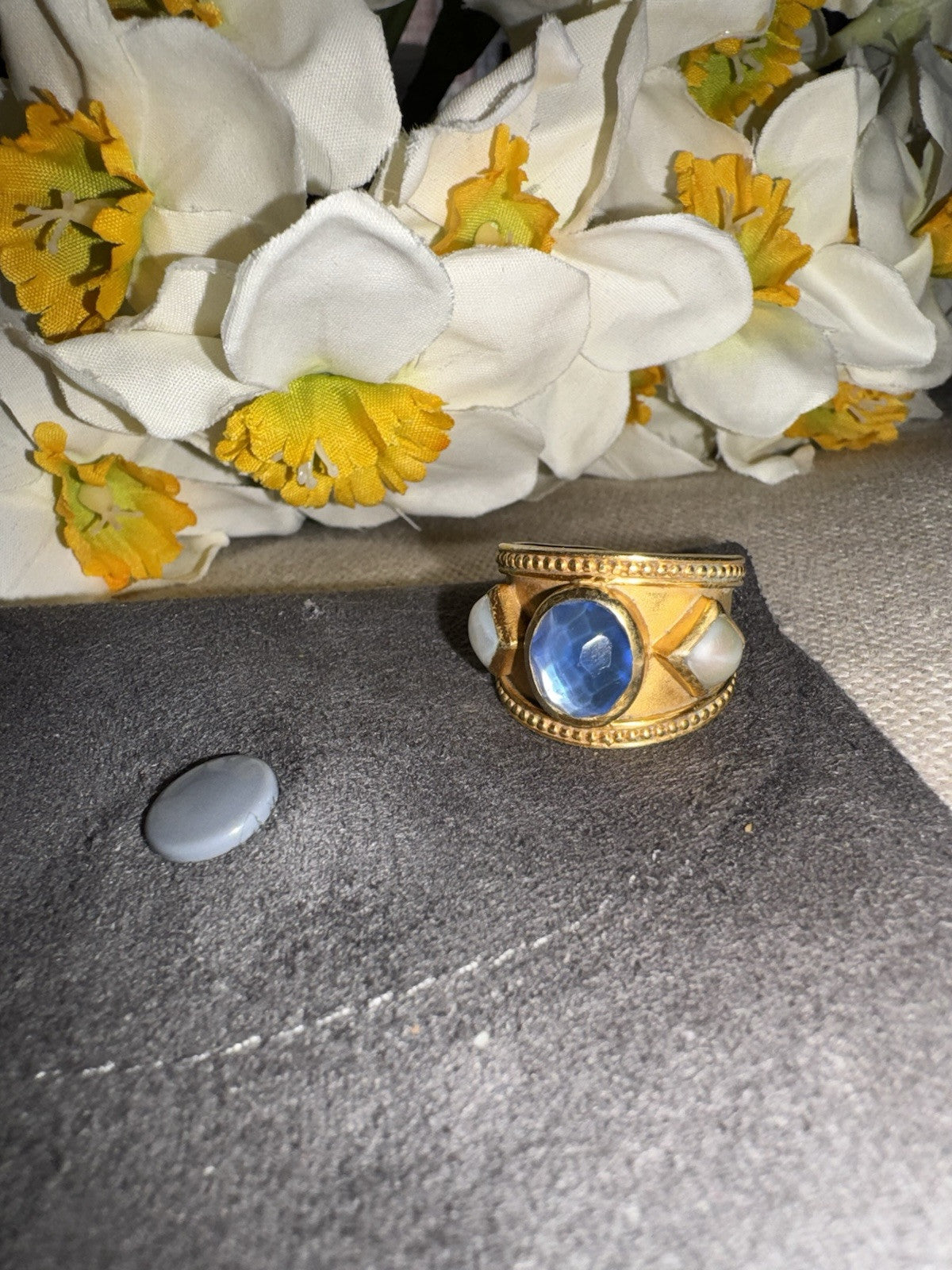 Julie Vos Blue & Pearl Statement Cuff  Ring Sz 7 ADJUSTABLE 24k Gold Plated Julie Vos