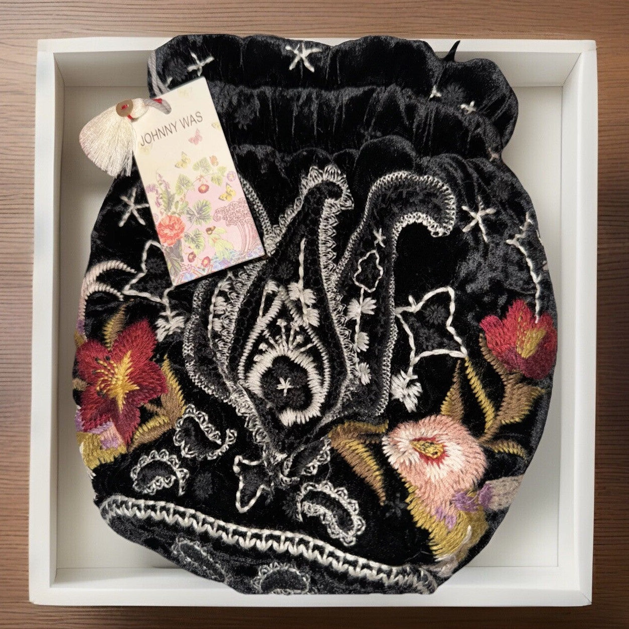 Johnny Was Black Velvet Embroidered Hobo Bag Tote Purse Pink Roses & Paisley Johnny Was