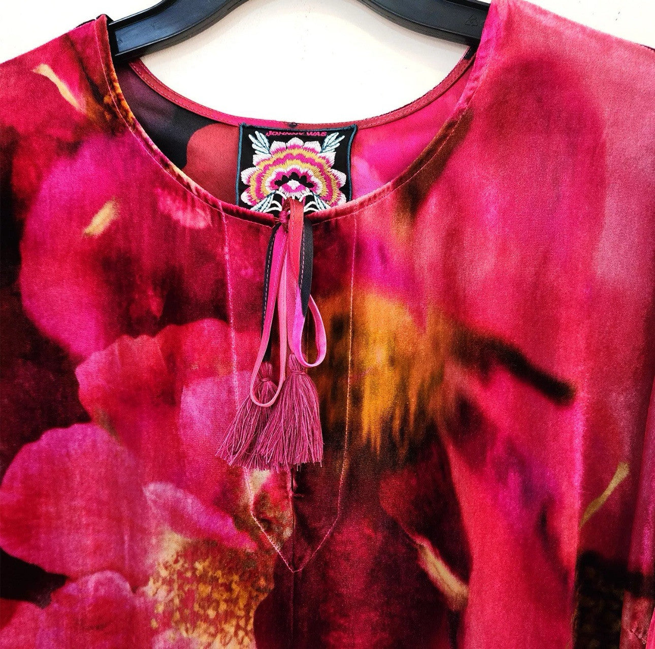 Johnny Was L Velvet Shift Mini Dress Red Black  & Pink BOHO Floral Bloom Johnny Was