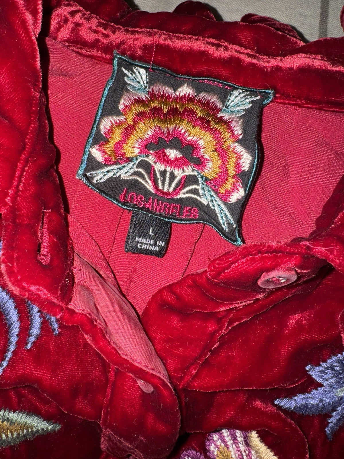 Johnny Was L Large Red Velvet Long Sleeve Button Up Shirt Blouse Embroidered Top Johnny Was