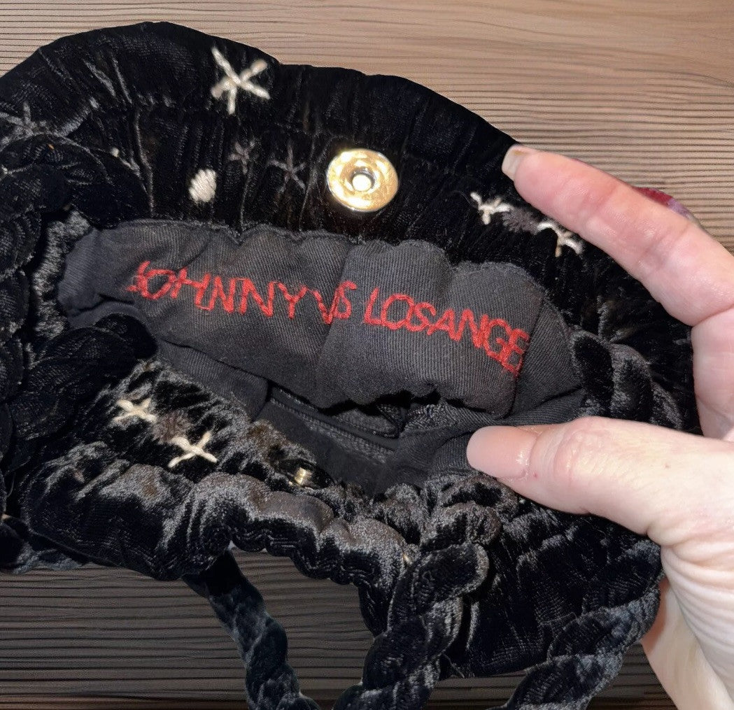 Johnny Was Black Velvet Embroidered Hobo Bag Tote Purse Pink Roses & Paisley Johnny Was