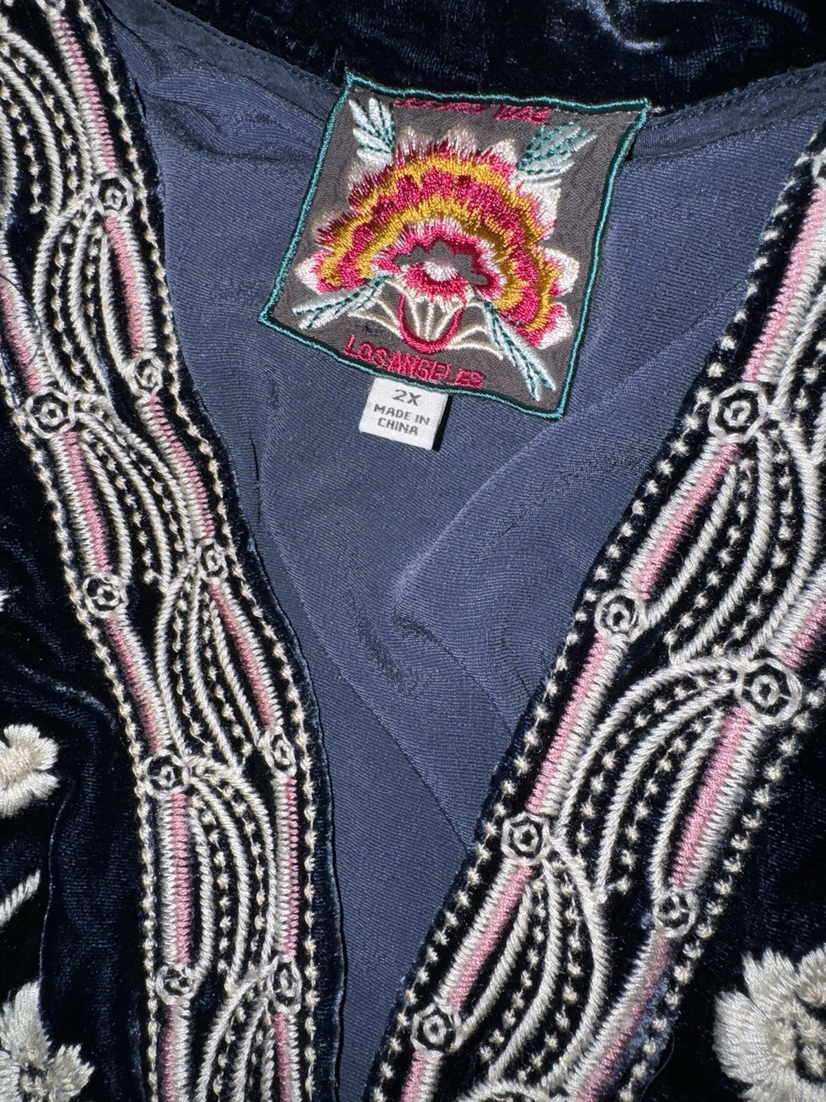 Johnny Was 2X / 3X Blue Velvet Kimono Wrap Jacket Duster BOHO Oversized 30”PTP Johnny Was