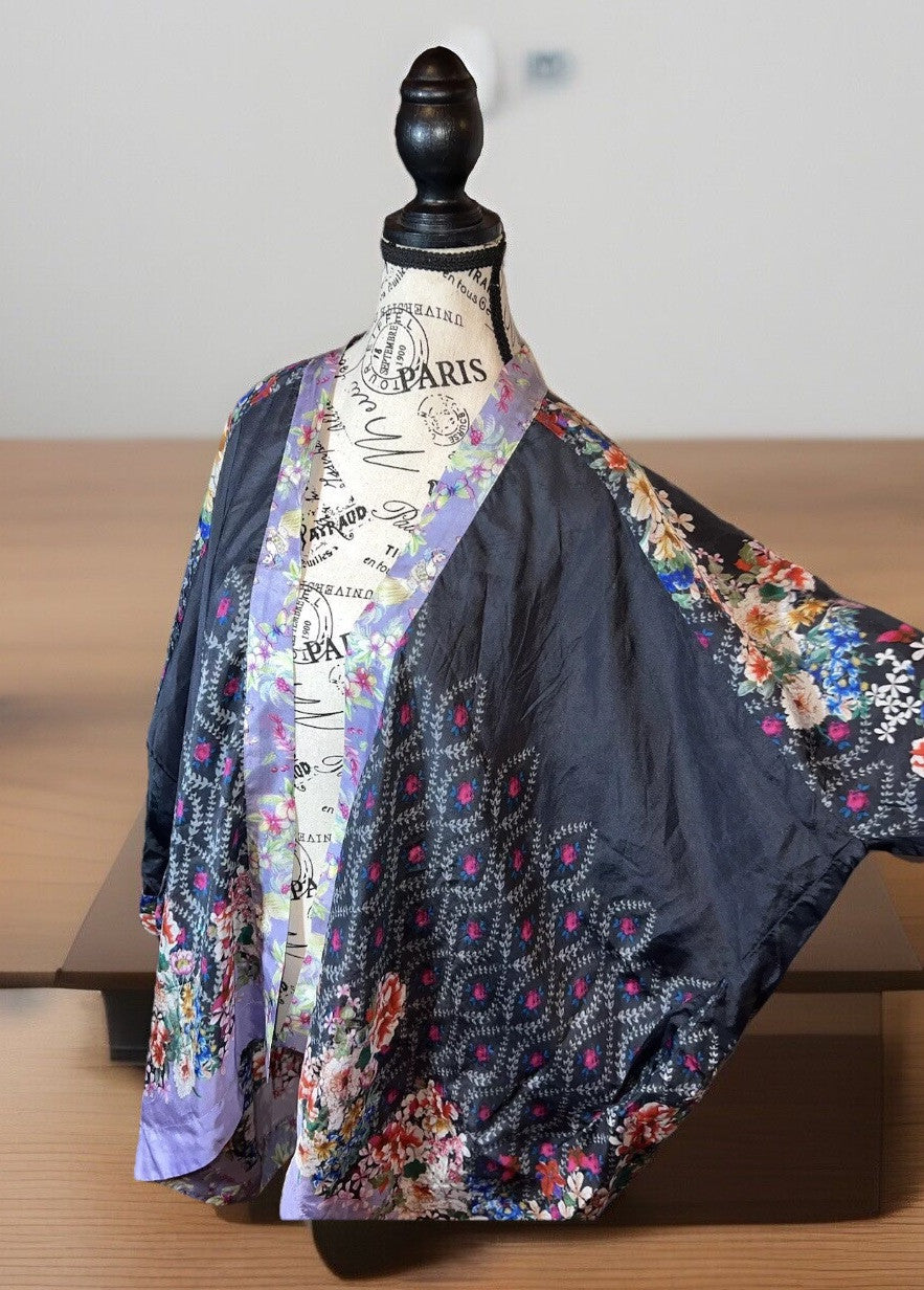 Johnny Was L 100% Silk Kimono Cool Cardigan Lightweight Jacket Lavender & Black Johnny Was