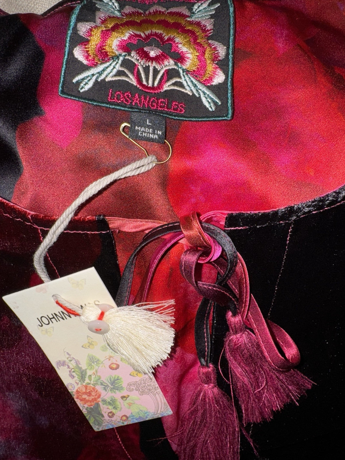 Johnny Was L Velvet Shift Mini Dress Red Black  & Pink BOHO Floral Bloom Johnny Was