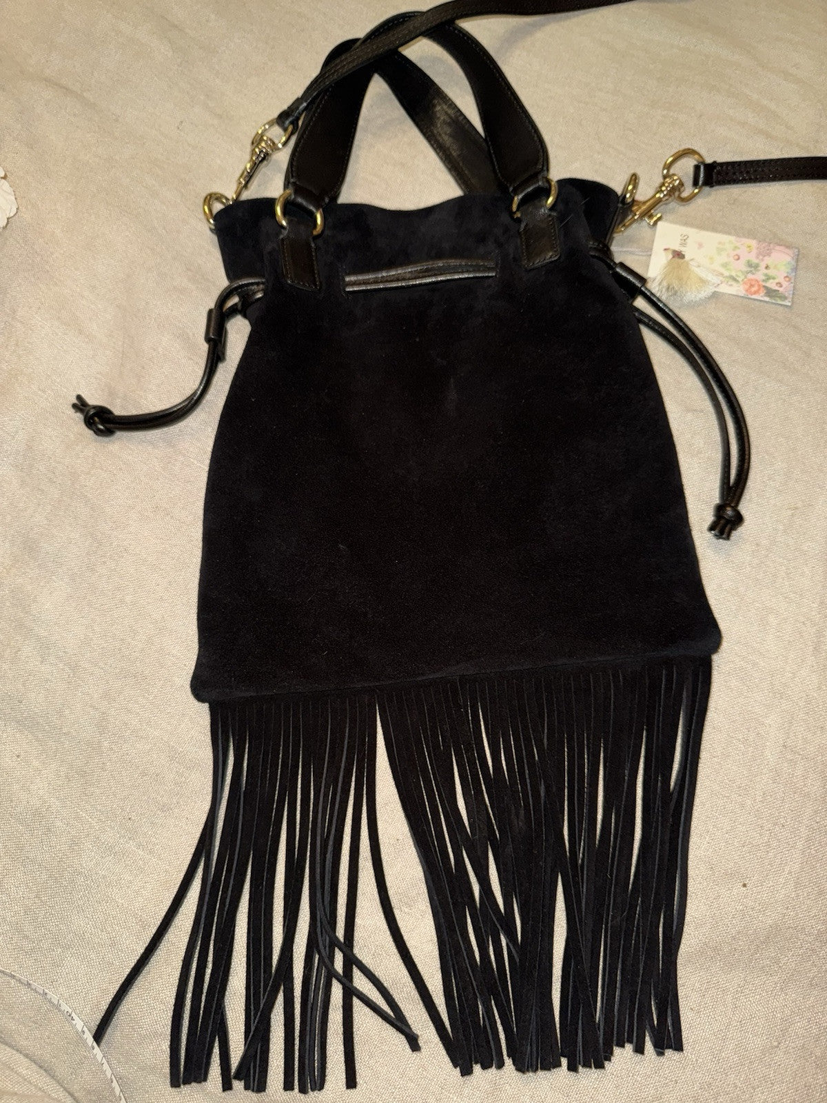 Johnny Was Black Suede Leather Crossbody Bag Purse Tote Hobo Tassels Johnny Was