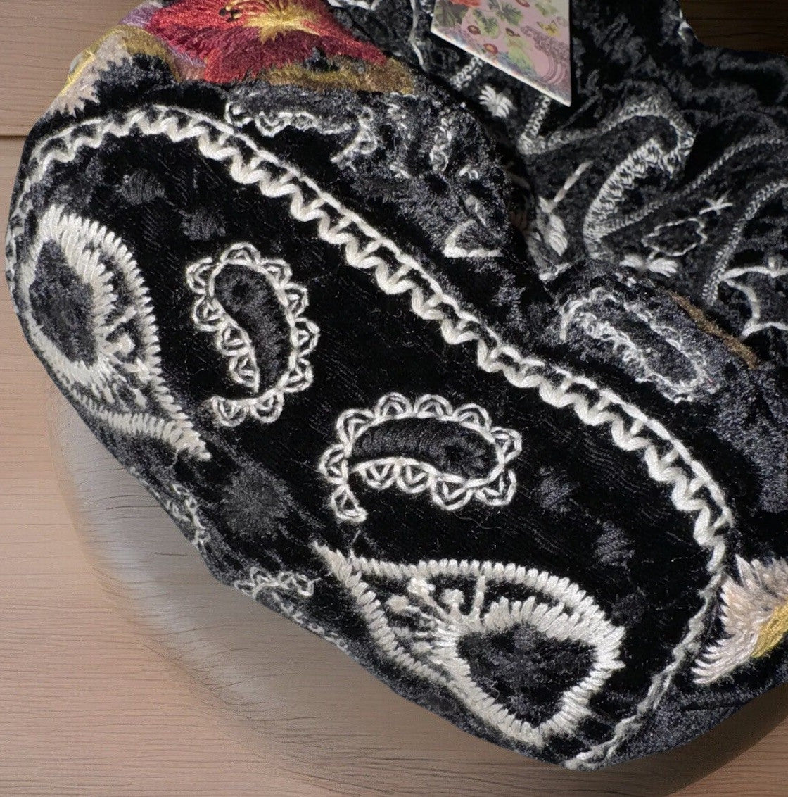 Johnny Was Black Velvet Embroidered Hobo Bag Tote Purse Pink Roses & Paisley Johnny Was