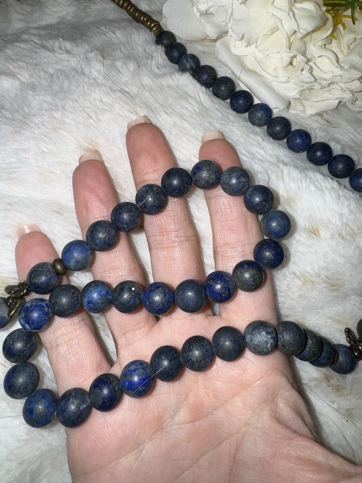 Johnny Was 38” Blue Lapis Lazuli & Brass Beaded  Necklace Provance Bee Unmarked Johnny Was