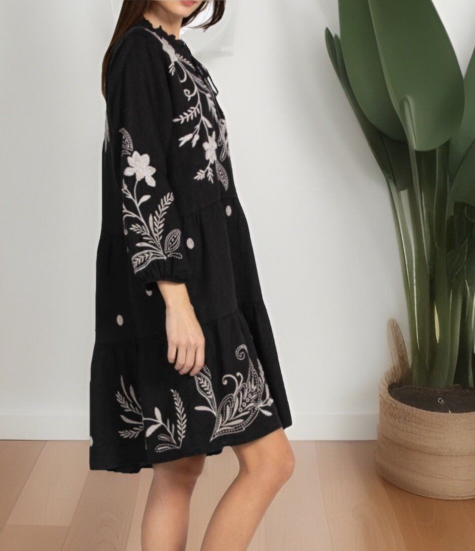 Johnny Was 1X Black Linen Tiered Field Dress Cream Embroidery Floral Babydoll Johnny Was