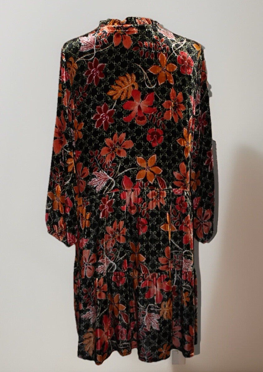 JOHNNY WAS L Velvet Tiered Mini DRESS Babydoll Tunic Top BOHO Beaded Tassels Johnny Was