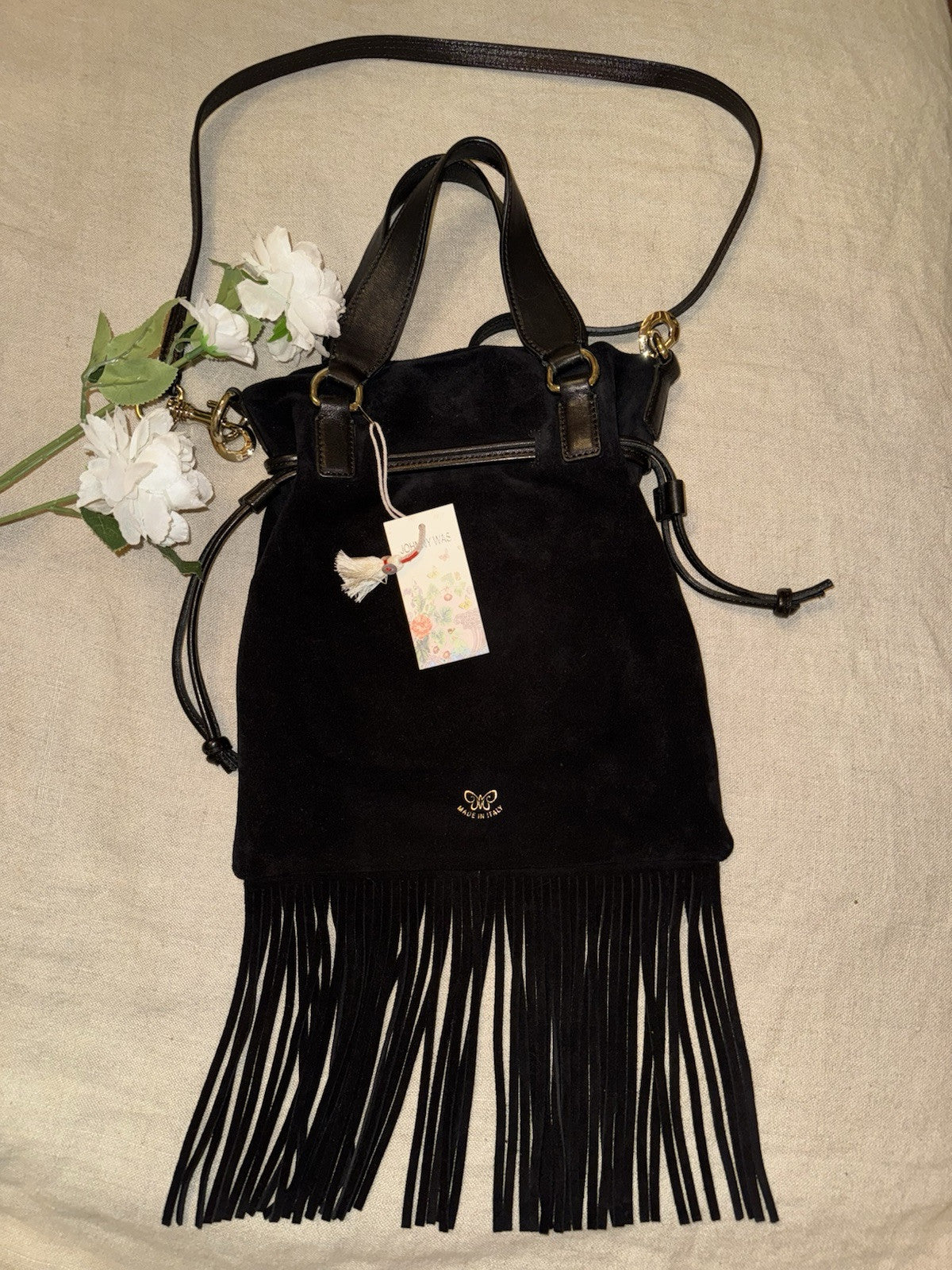 Johnny Was Black Suede Leather Crossbody Bag Purse Tote Hobo Tassels Johnny Was