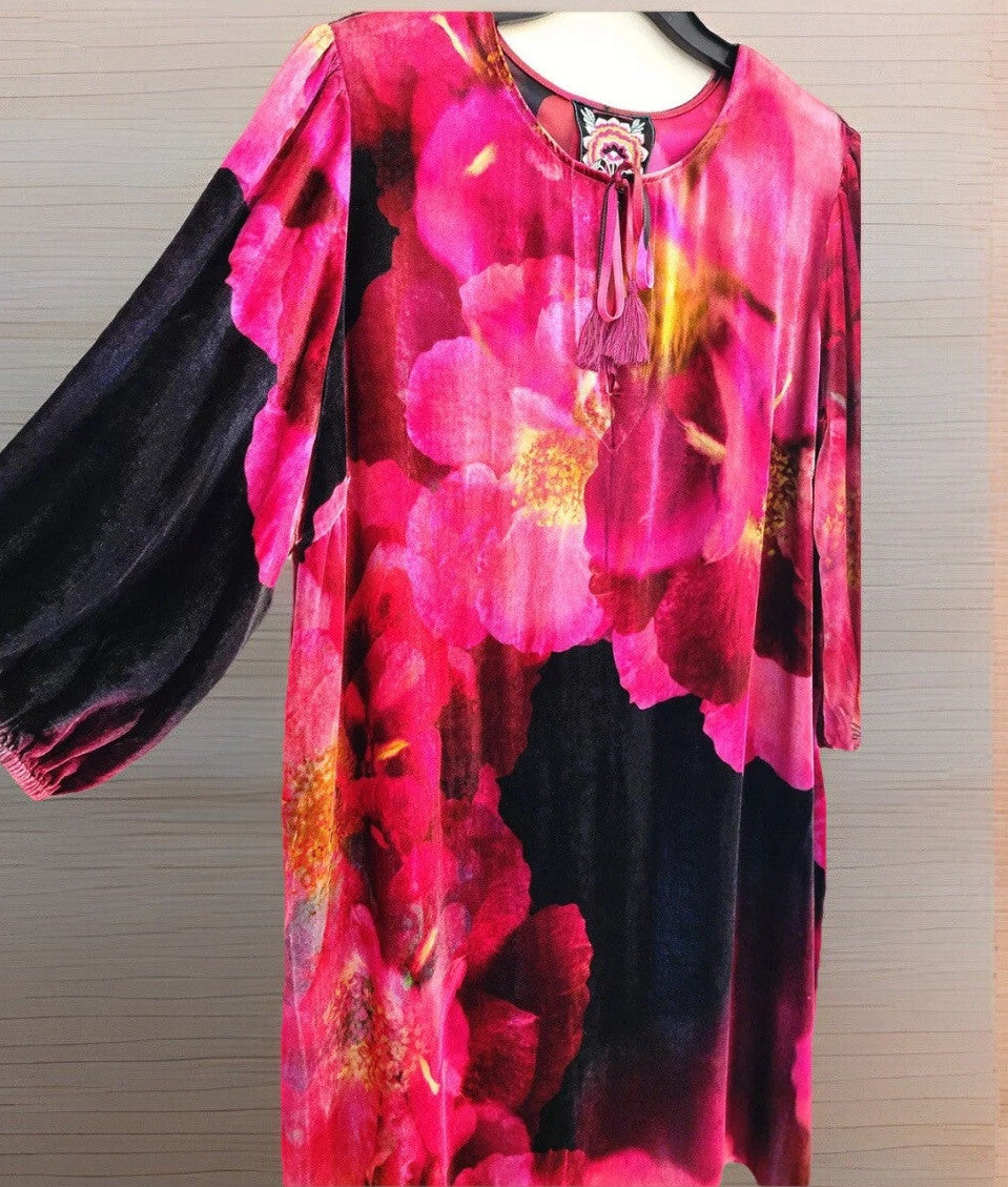 Johnny Was XL Velvet Shift Mini Dress Red Black  & Pink BOHO Floral Bloom Johnny Was