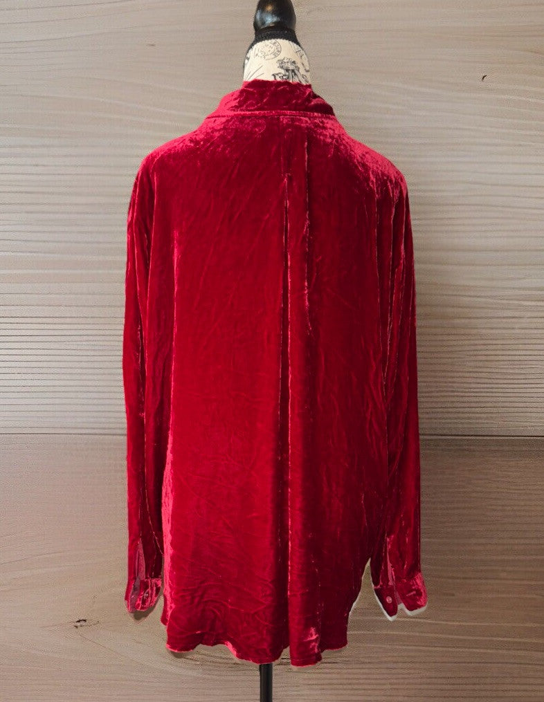 Johnny Was L Large Red Velvet Long Sleeve Button Up Shirt Blouse Embroidered Top Johnny Was