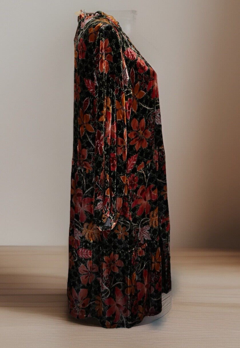 JOHNNY WAS L Velvet Tiered Mini DRESS Babydoll Tunic Top BOHO Beaded Tassels Johnny Was