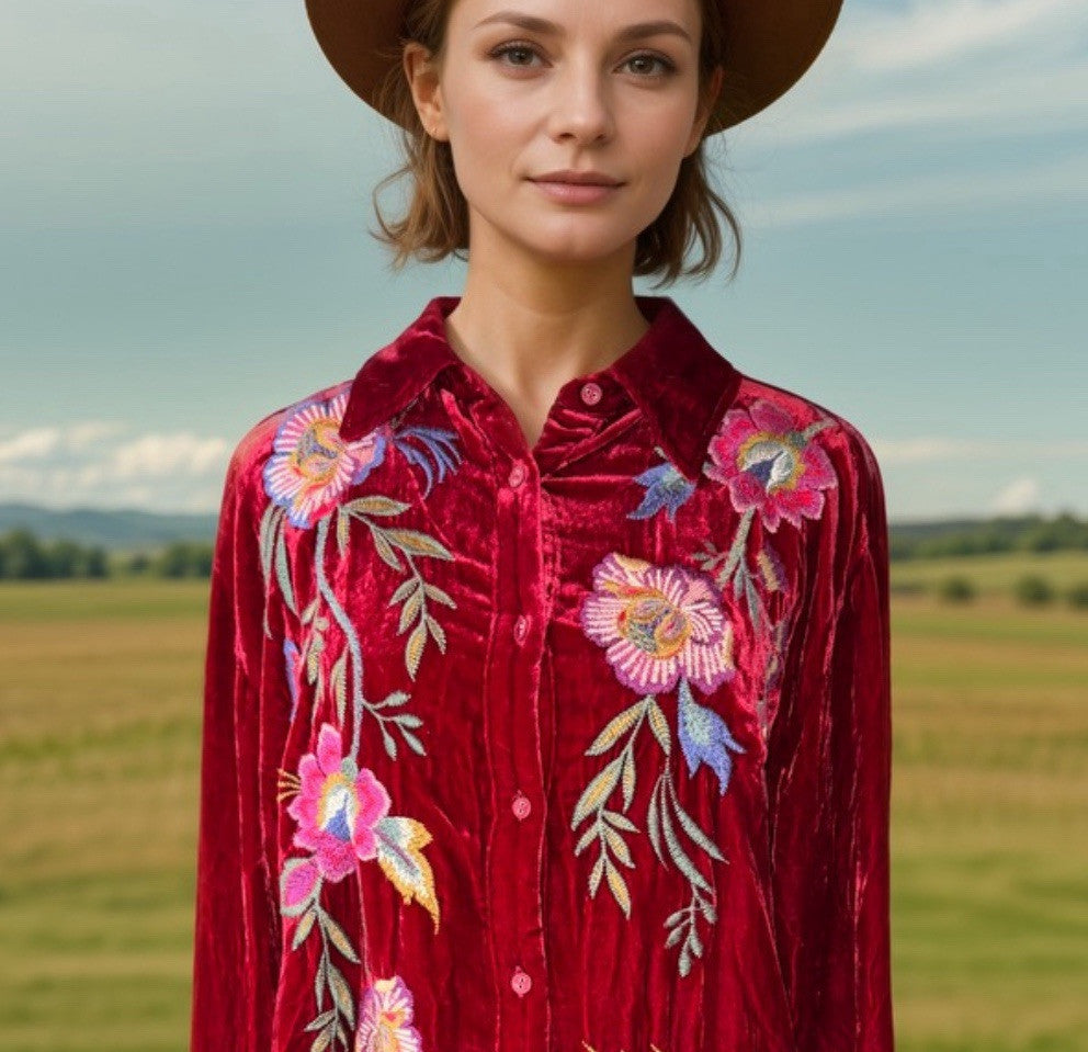 Johnny Was L Large Red Velvet Long Sleeve Button Up Shirt Blouse Embroidered Top Johnny Was