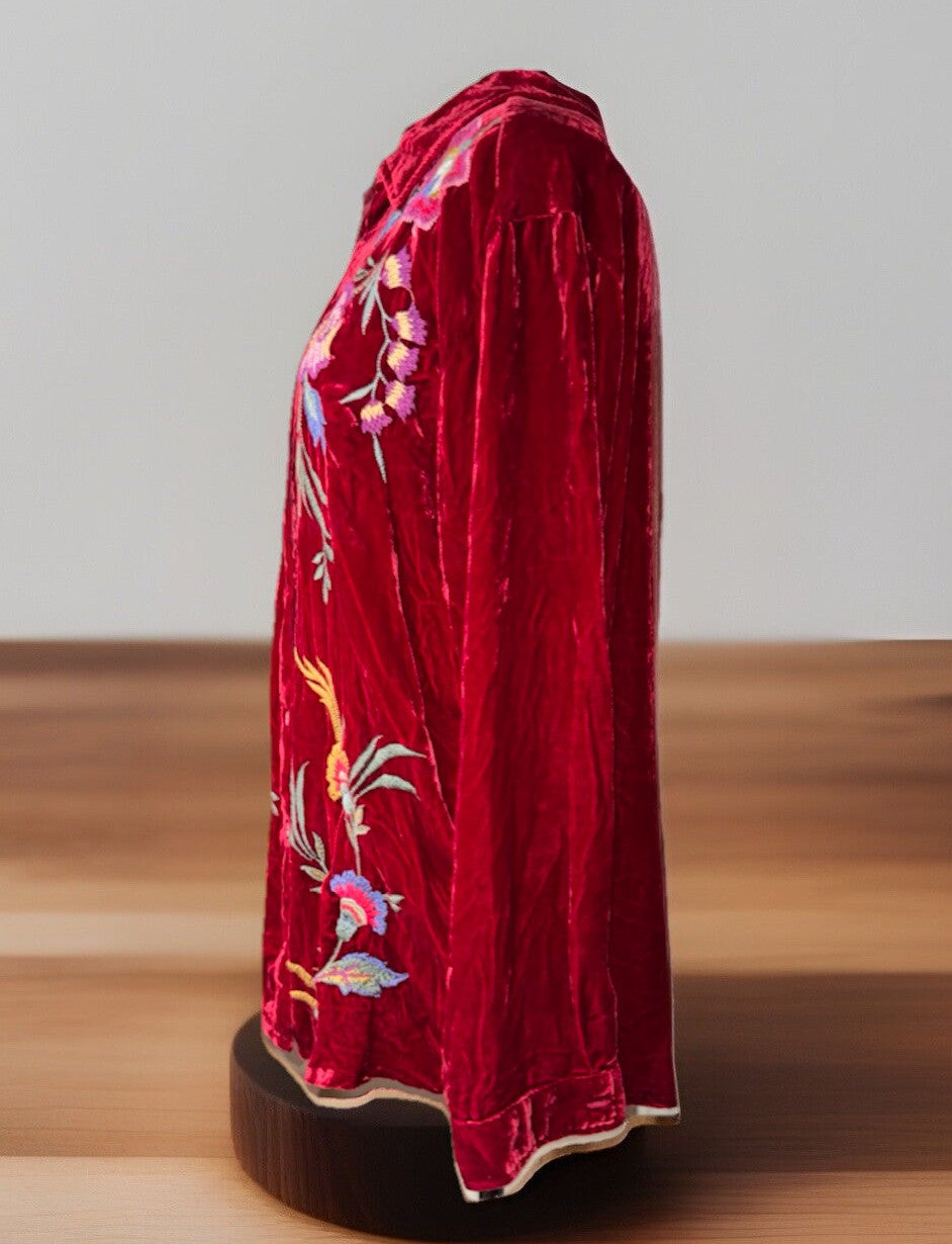 Johnny Was L Large Red Velvet Long Sleeve Button Up Shirt Blouse Embroidered Top Johnny Was