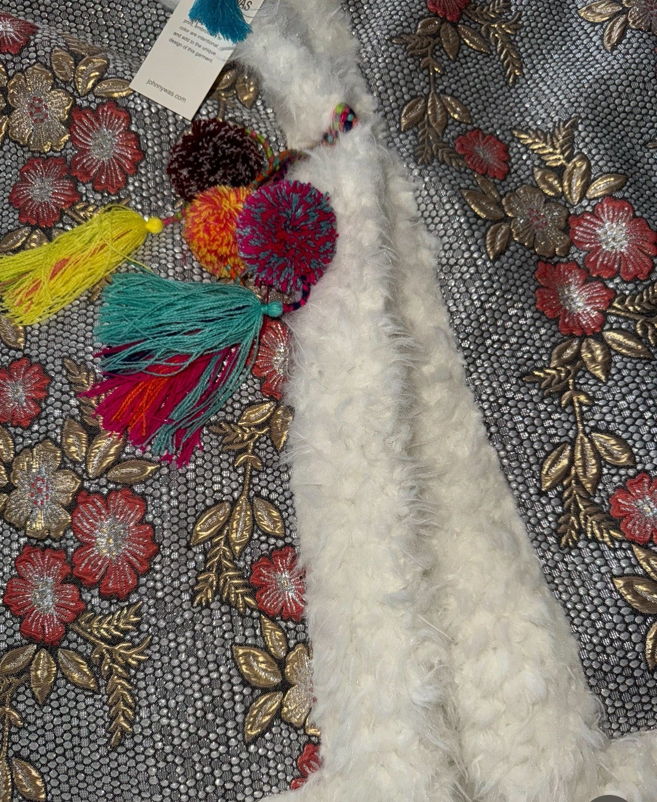 Johnny Was XXL Plus Faux Fur Sherpa Coat Jacket Silver & Pink Shearling Tassels Johnny Was