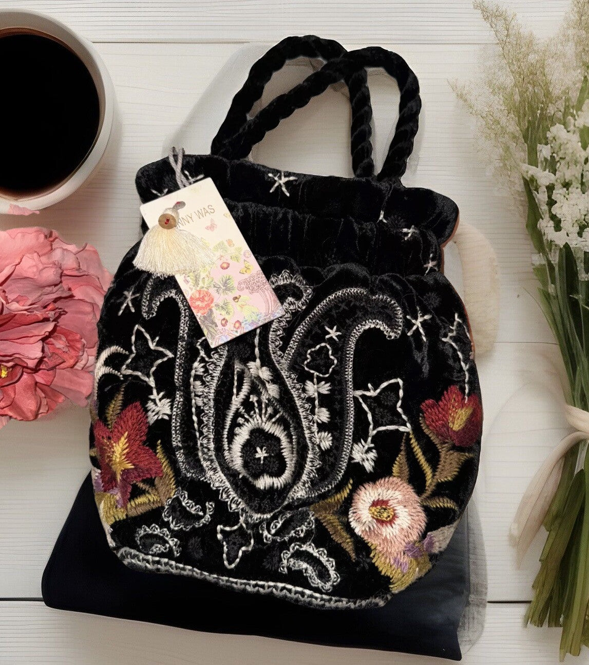 Johnny Was Black Velvet Embroidered Hobo Bag Tote Purse Pink Roses & Paisley Johnny Was