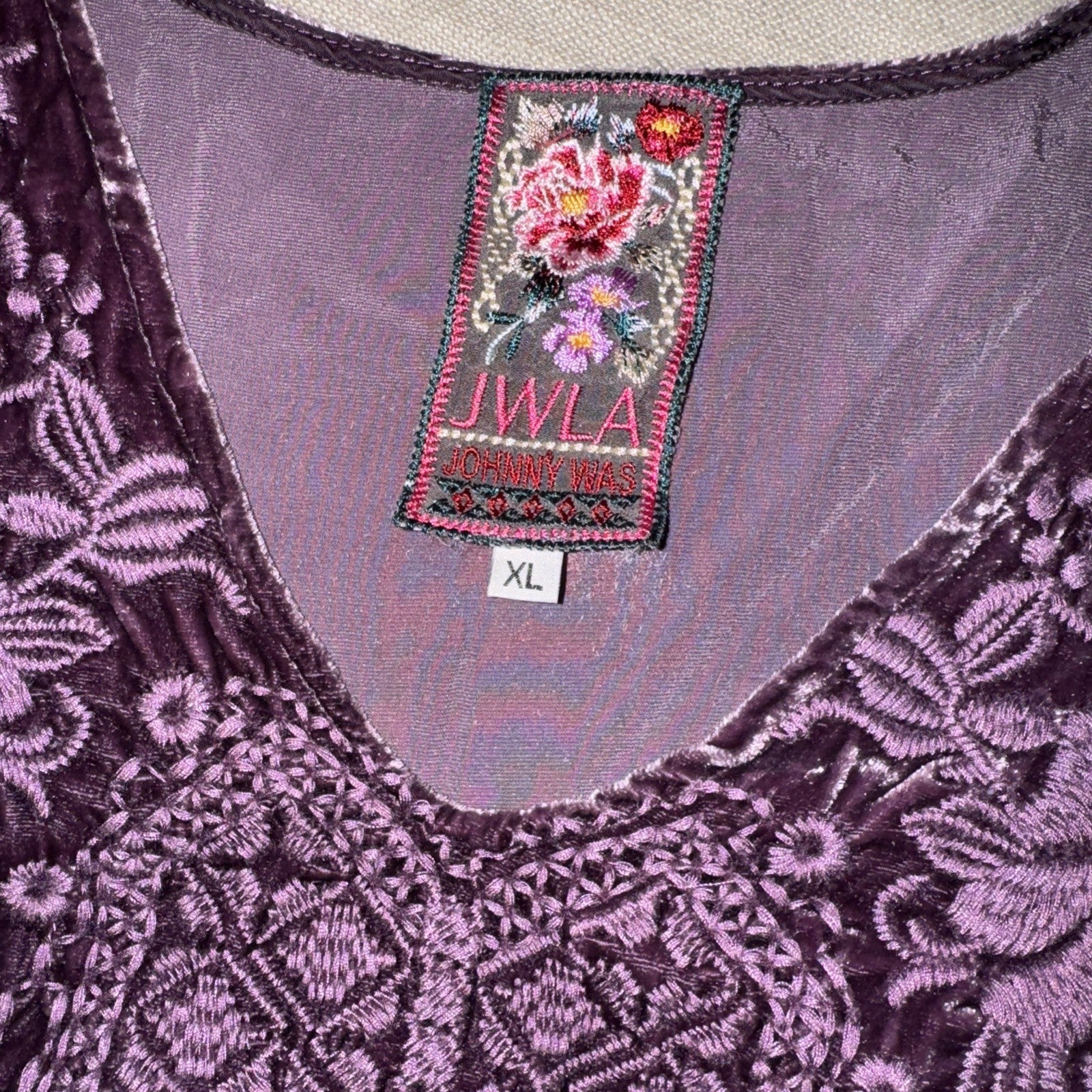 Johnny Was XL Purple Plum Velvet Tunic Top BOHO Mini Dress Tonal Embroidery Johnny Was