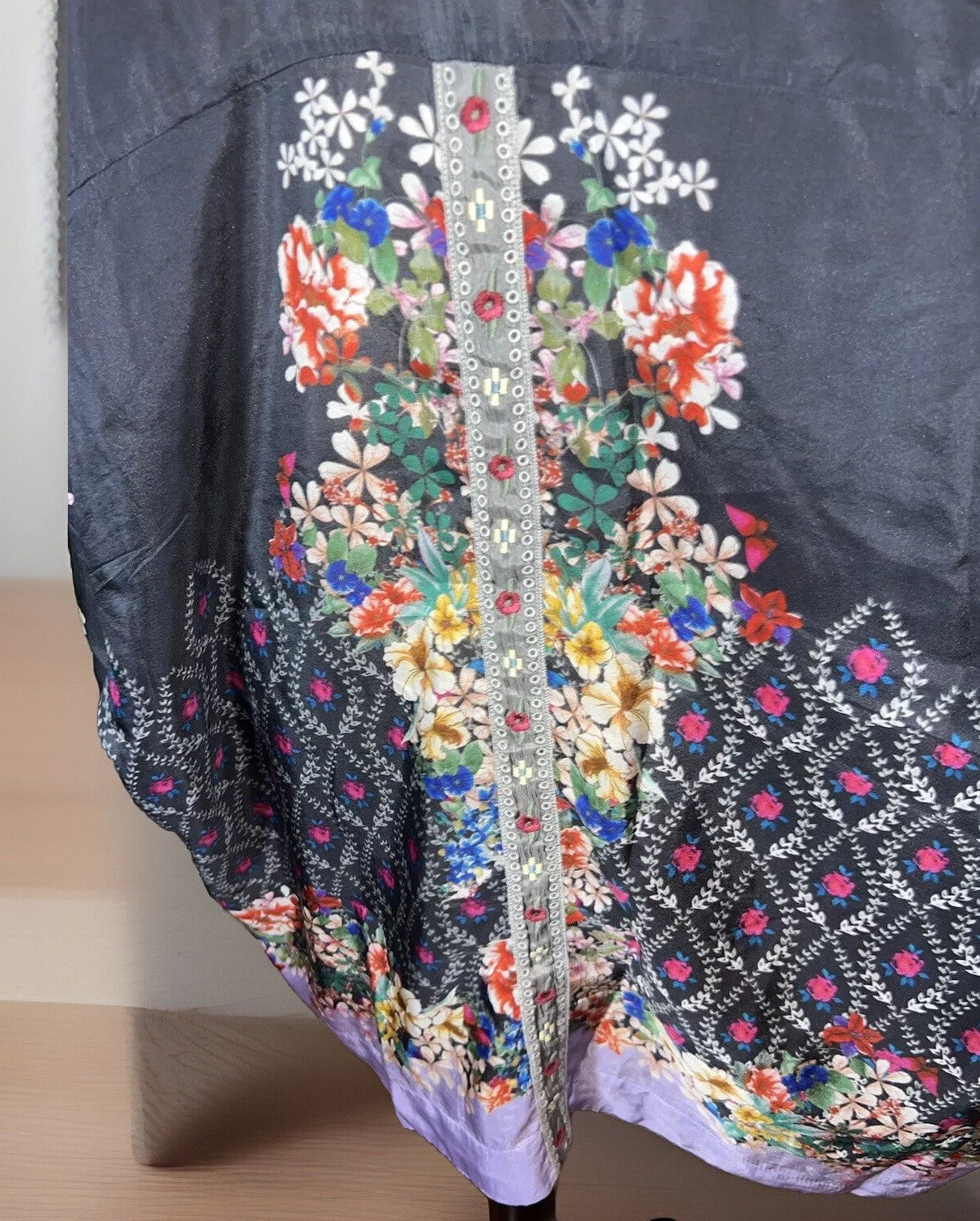 Johnny Was L 100% Silk Kimono Cool Cardigan Lightweight Jacket Lavender & Black Johnny Was