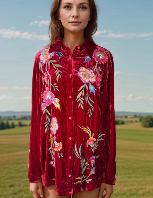 Johnny Was L Large Red Velvet Long Sleeve Button Up Shirt Blouse Embroidered Top Johnny Was