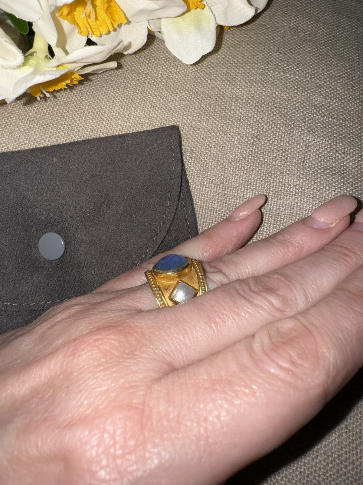 Julie Vos Blue & Pearl Statement Cuff  Ring Sz 7 ADJUSTABLE 24k Gold Plated Julie Vos