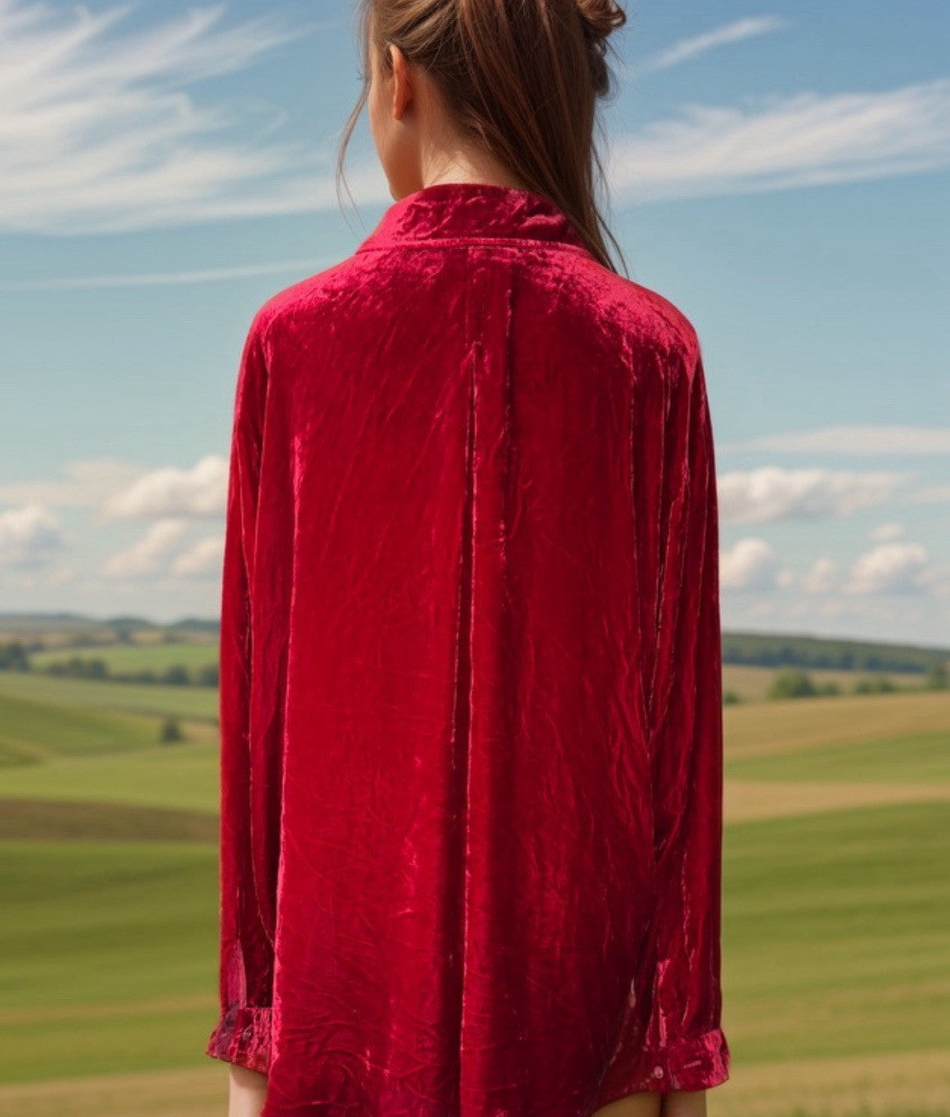 Johnny Was L Large Red Velvet Long Sleeve Button Up Shirt Blouse Embroidered Top Johnny Was