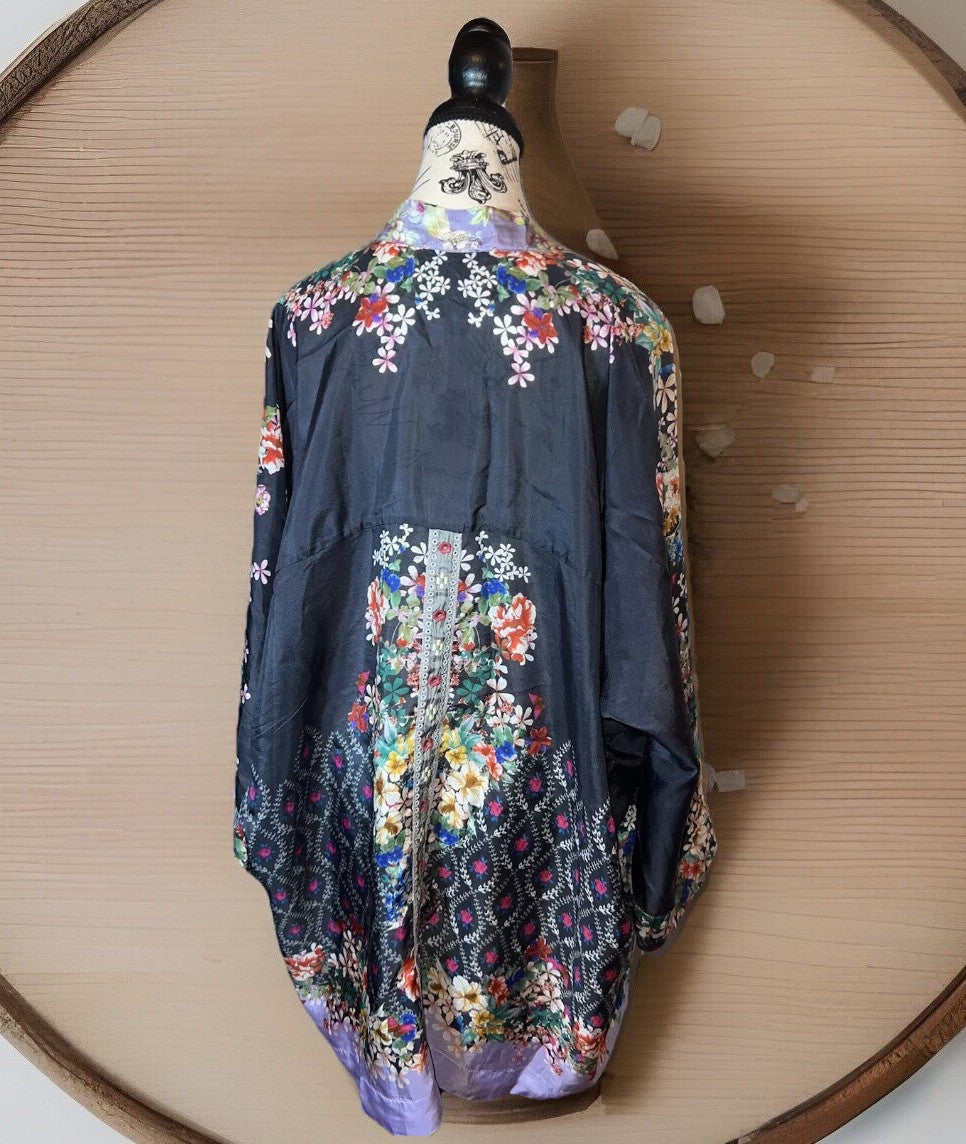 Johnny Was L 100% Silk Kimono Cool Cardigan Lightweight Jacket Lavender & Black Johnny Was