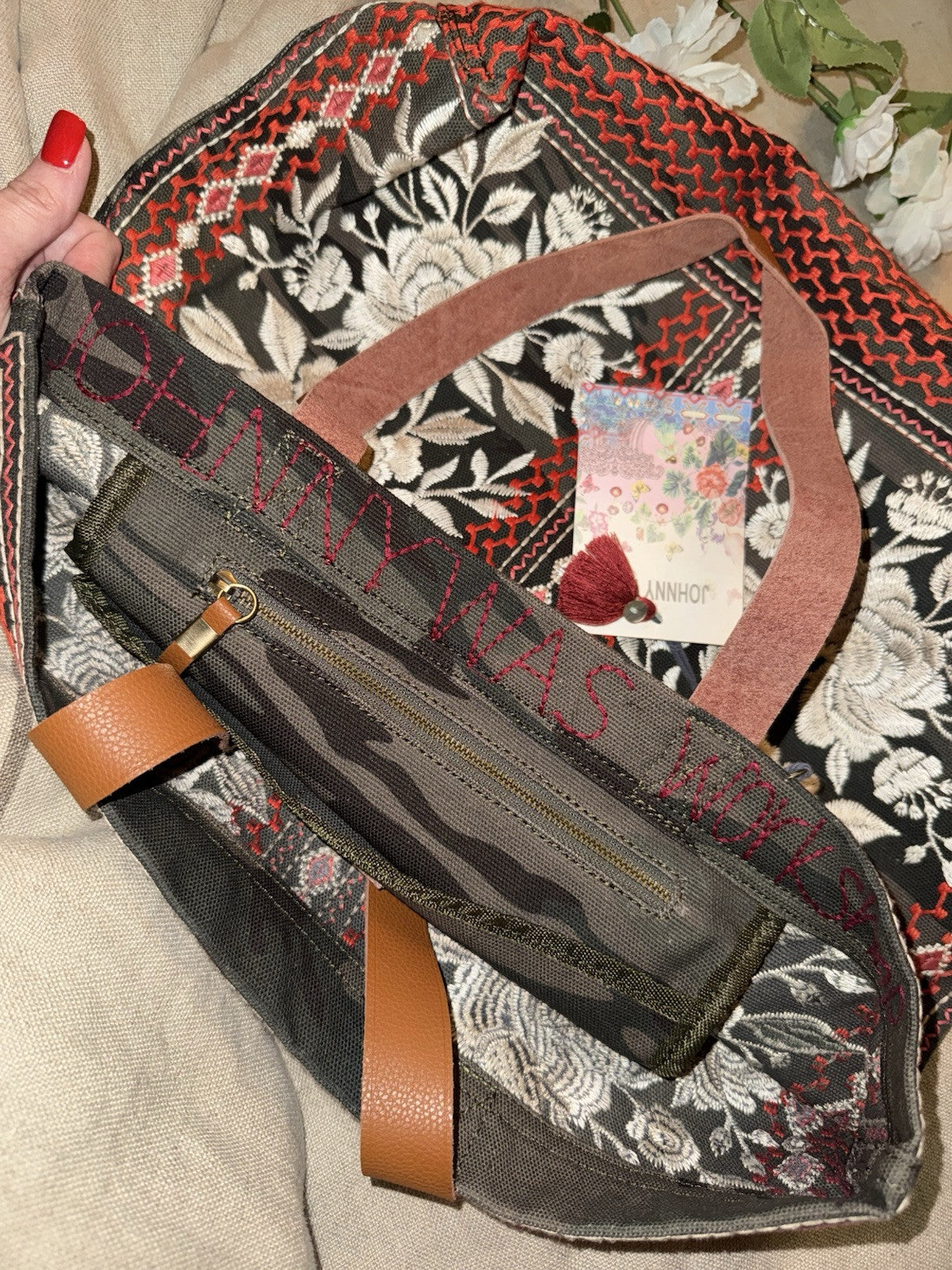 Johnny Was Canvas & Leather Tote Travel Bag Purse Camo & Flowers Embroidered Johnny Was