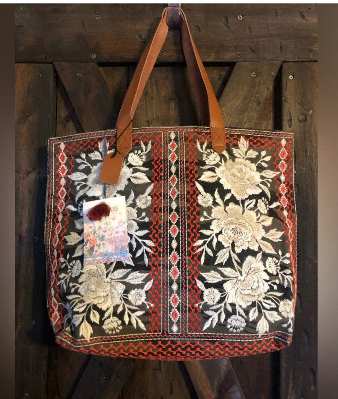 Johnny Was Canvas & Leather Tote Travel Bag Purse Camo & Flowers Embroidered Johnny Was