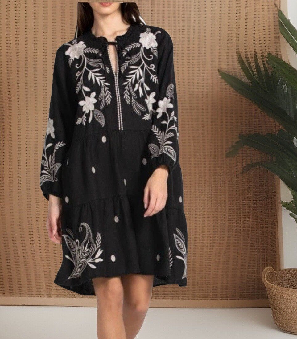 Johnny Was 1X Black Linen Tiered Field Dress Cream Embroidery Floral Babydoll Johnny Was