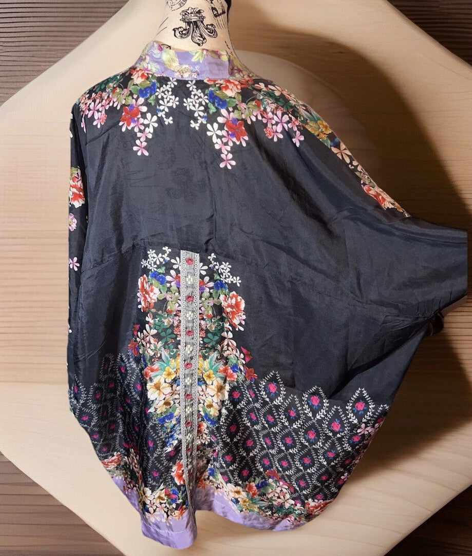 Johnny Was L 100% Silk Kimono Cool Cardigan Lightweight Jacket Lavender & Black Johnny Was