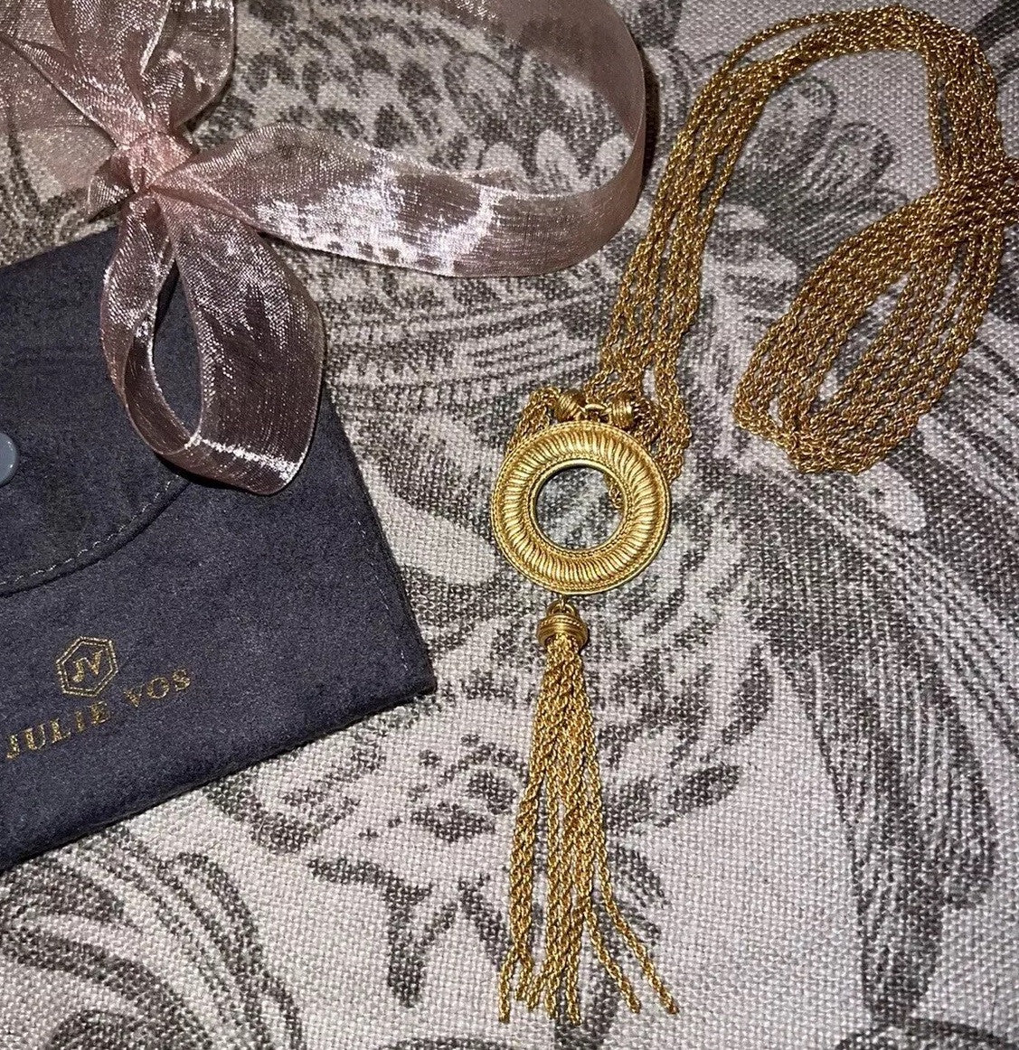Julie Vos Round Pendant & Tassels On  Long Necklace 21” Drop 24k Gold Plated Julie Vos