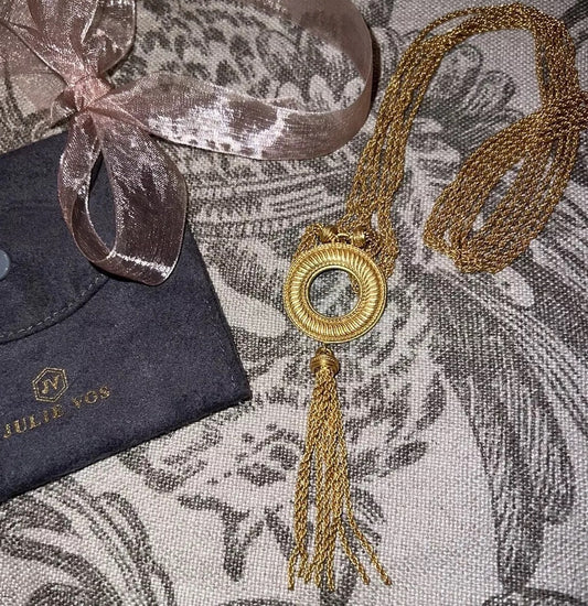 Julie Vos Round Pendant & Tassels On  Long Necklace 21” Drop 24k Gold Plated Julie Vos
