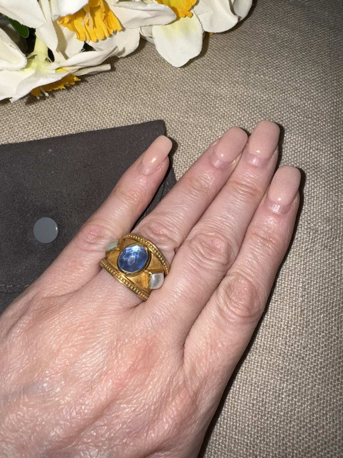 Julie Vos Blue & Pearl Statement Cuff  Ring Sz 7 ADJUSTABLE 24k Gold Plated Julie Vos