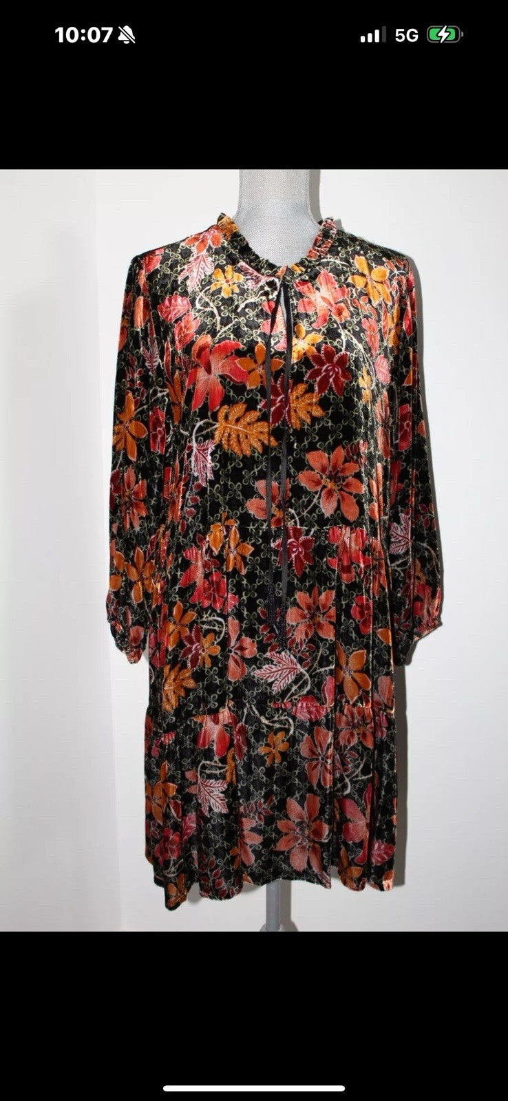 JOHNNY WAS L Velvet Tiered Mini DRESS Babydoll Tunic Top BOHO Beaded Tassels Johnny Was