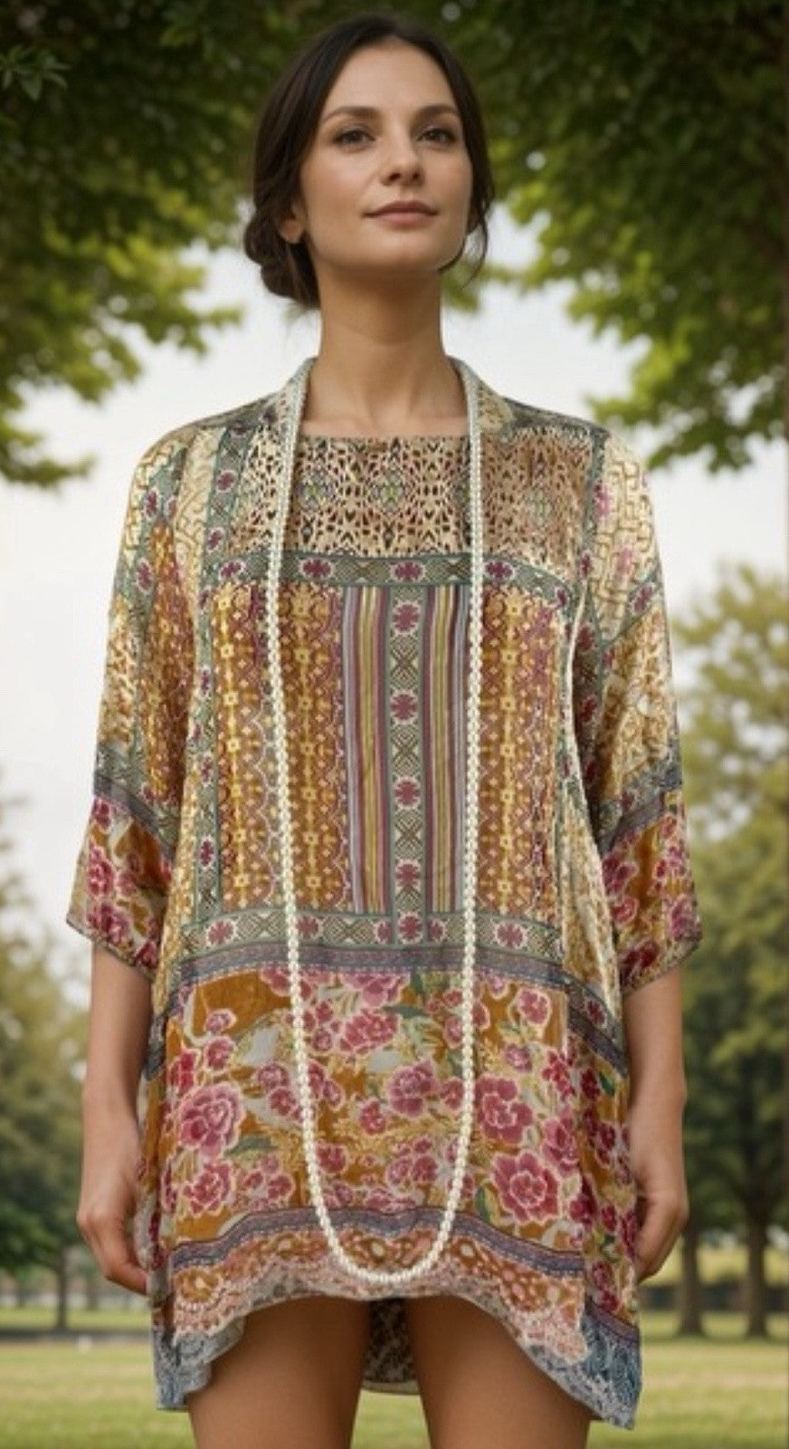 Johnny Was Burnout Silk & Velvet Patchwork Pattern Tunic Top Sz M Medium Johnny Was