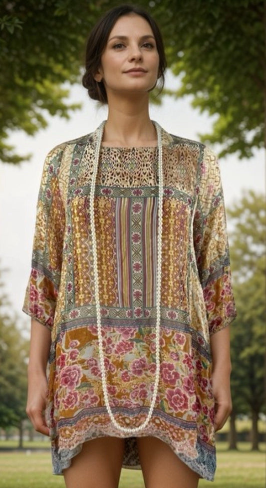 Johnny Was Burnout Silk & Velvet Patchwork Pattern Tunic Top Sz M Medium Johnny Was