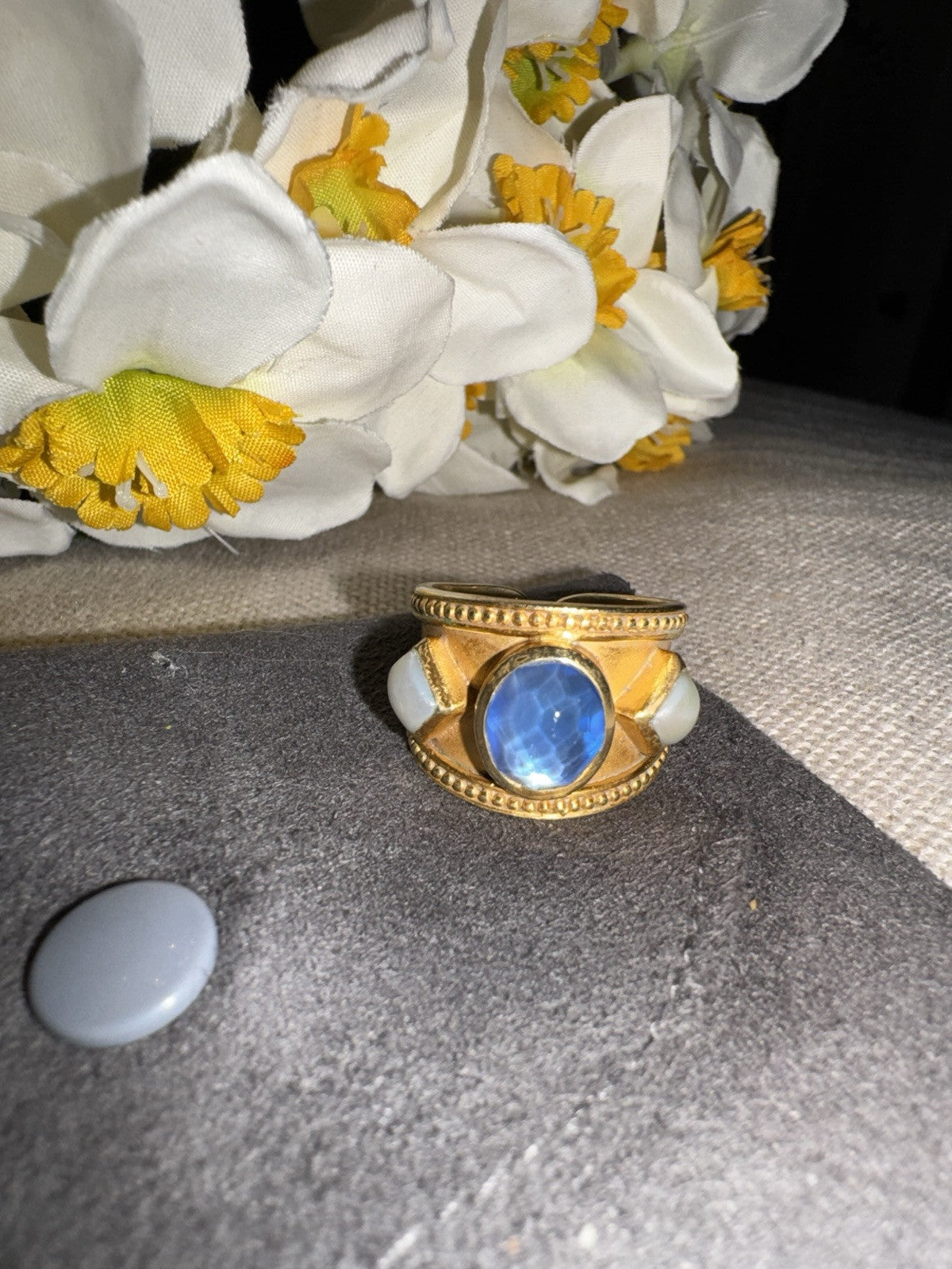 Julie Vos Blue & Pearl Statement Cuff  Ring Sz 7 ADJUSTABLE 24k Gold Plated Julie Vos