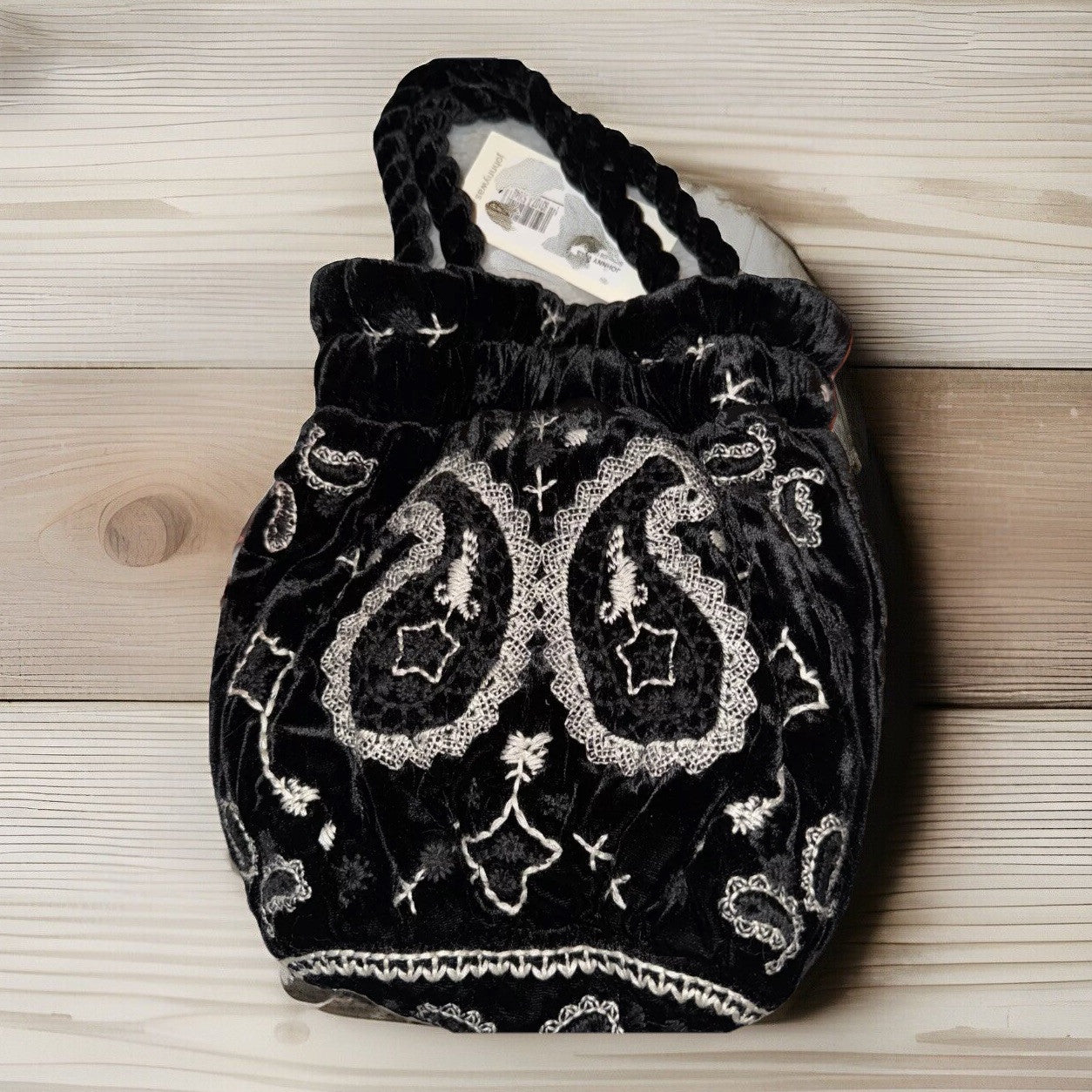 Johnny Was Black Velvet Embroidered Hobo Bag Tote Purse Pink Roses & Paisley Johnny Was