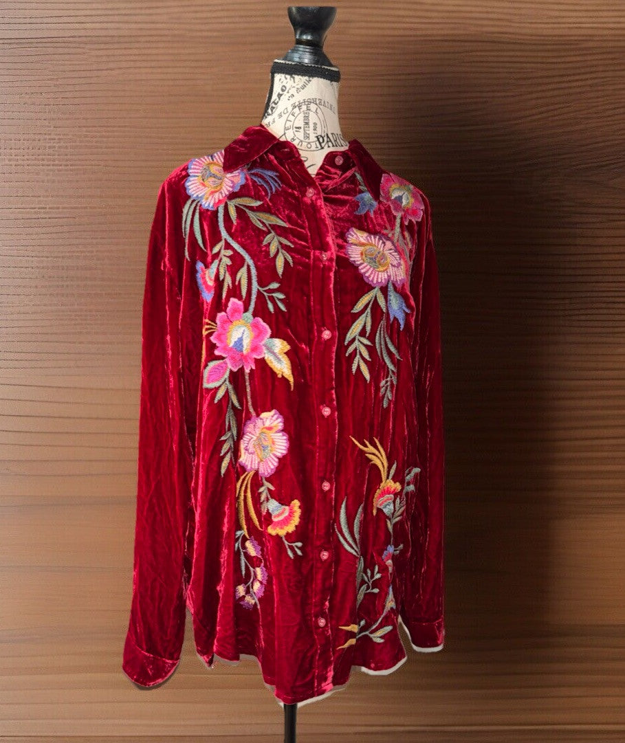 Johnny Was L Large Red Velvet Long Sleeve Button Up Shirt Blouse Embroidered Top Johnny Was