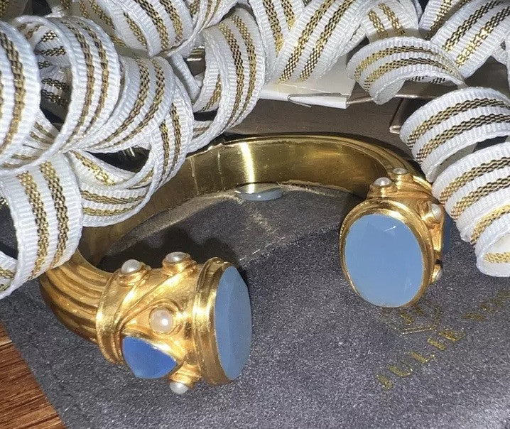 Julie Vos Blue & Pearl 24k Gold Plated Large Hinged Cuff Bangle Bracelet Julie Vos