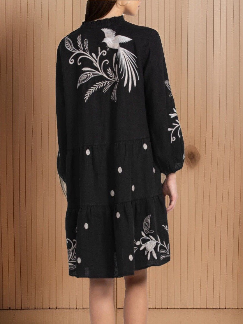 Johnny Was 1X Black Linen Tiered Field Dress Cream Embroidery Floral Babydoll Johnny Was