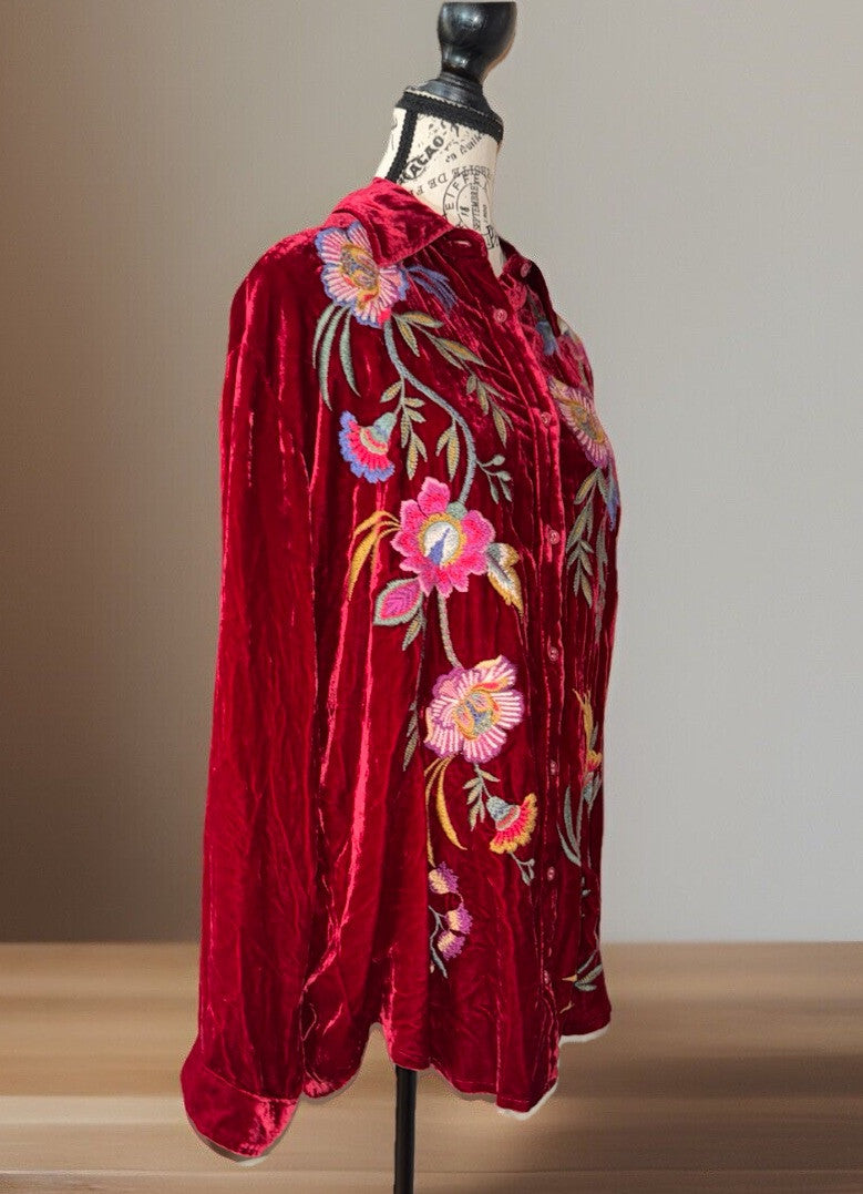 Johnny Was L Large Red Velvet Long Sleeve Button Up Shirt Blouse Embroidered Top Johnny Was